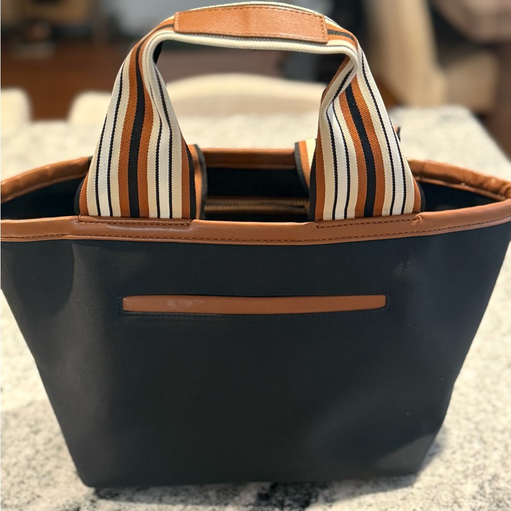 Tuckernuck Black and Tan Tote with Striped Handles